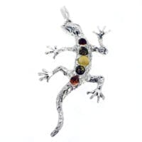 5-Stone Multi-Color Amber Set In Sterling Silver Lizard Pendant