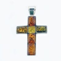 6-Stone Multi-Color Amber Set In Sterling Silver Cross Pendant