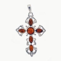 6-Stone Cognac Amber Set In Sterling Silver Cross Pendant