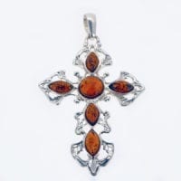 6-Stone Cognac Amber Set In Sterling Silver Cross Pendant