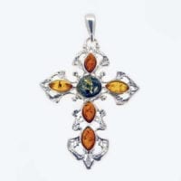 6-Stone Multi-Color Amber Set In Sterling Silver Cross Pendant