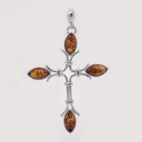 4-Stone Cognac Amber Set In Sterling Silver Cross Pendant