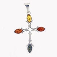 4-Stone Multi-Color Amber Set In Sterling Silver Cross Pendant