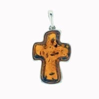 Hand-Crafted Cognac Amber Cross Set In Sterling Silver Pendant
