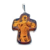 Hand-Crafted Cognac Amber Cross Set In Sterling Silver Pendant