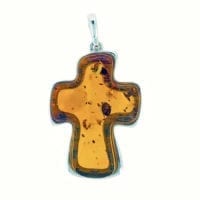 Large Hand-Crafted Cognac Amber Cross Set In Sterling Silver Pendant