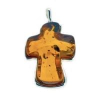 Large Hand-Crafted Cognac Amber Cross Set In Sterling Silver Pendant