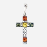 5-Stone Multi-Color Amber Set In Sterling Silver Cross Pendant
