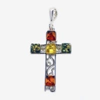 5-Stone Multi-Color Amber Set In Sterling Silver Cross Pendant