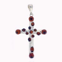 14-Stone Cognac Amber Set In Sterling Silver Cross Pendant