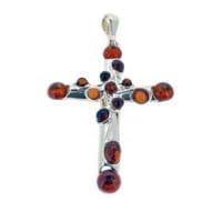 14-Stone Cognac Amber Set In Sterling Silver Cross Pendant