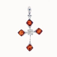 4-Stone Cognac Amber Set In Sterling Silver Cross Pendant