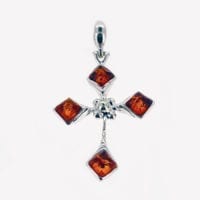 4-Stone Cognac Amber Set In Sterling Silver Cross Pendant