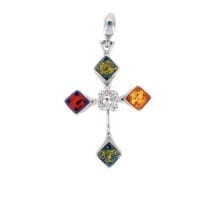 4-Stone Multi-Color Amber Set In Sterling Silver Cross Pendant