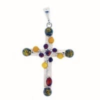 14-Stone Multi-Color Amber Set In Sterling Silver Cross Pendant