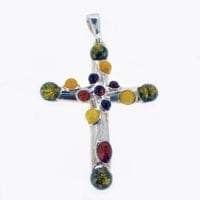 14-Stone Multi-Color Amber Set In Sterling Silver Cross Pendant