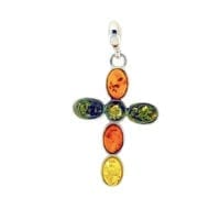 6-Stone Multi-Color Amber Set In Sterling Silver Cross Pendant
