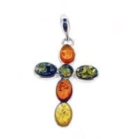 6-Stone Multi-Color Amber Set In Sterling Silver Cross Pendant