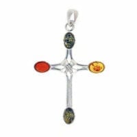 4-Stone Multi-Color Amber Set In Sterling Silver Cross Pendant