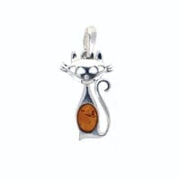 Cognac Amber Set In Sterling Silver Cat Pendant
