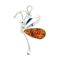 Oval Cognac Amber Set In Sterling Silver Butterfly Pendant