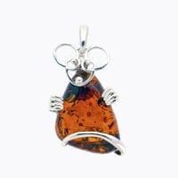 Hand-Crafted Cognac Amber Set In Sterling Silver Comic Mouse Pendant
