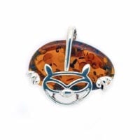 Hand-Crafted Cognac Amber Set In Sterling Silver Comic Cat Pendant