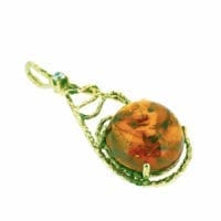 Round Shape Cognac Amber Set In Crumpled Vermeil Pendant