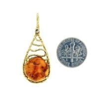 Round Shape Cognac Amber Set In Crumpled Vermeil Pendant