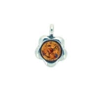 Round Shape Cognac Amber Set In Sterling Silver Flower Pendant