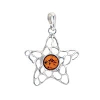 Round Shape Cognac Amber Set In Sterling Silver Sea Star Pendant