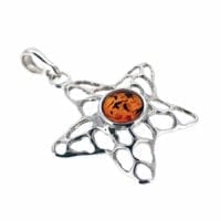 Round Shape Cognac Amber Set In Sterling Silver Sea Star Pendant