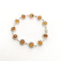 Round Shape Cognac Amber Sterling Silver Link Bracelet
