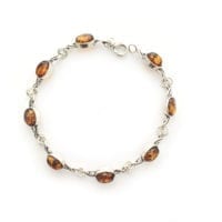 Oval Shape Cognac Amber Sterling Silver Link Bracelet