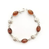 Oval Shape Cognac Amber Sterling Silver Celtic Design Link Bracelet