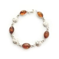 Oval Shape Cognac Amber Sterling Silver Celtic Design Link Bracelet