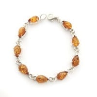 9-Stone Tear-Drop Shape Cognac Amber Sterling Silver Link Bracelet