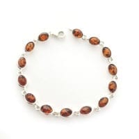 14-Stone Oval Shape Cognac Amber Sterling Silver Link Bracelet