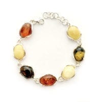 7 Hand-crafted Multi-Color Amber Handmade Sterling Silver Link Bracelet