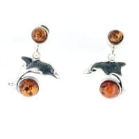 Round Shape Cognac amber Dangling Dolphin Earrings