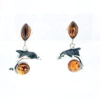Round Shape Cognac amber Dangling Dolphin Earrings