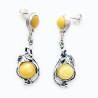 Round Shape Butterscotch Amber Set In Sterling Silver Dangling Earrings