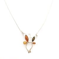 Multi-Color Amber Set In Sterling Silver Elegant Twin-Butterfly Necklace