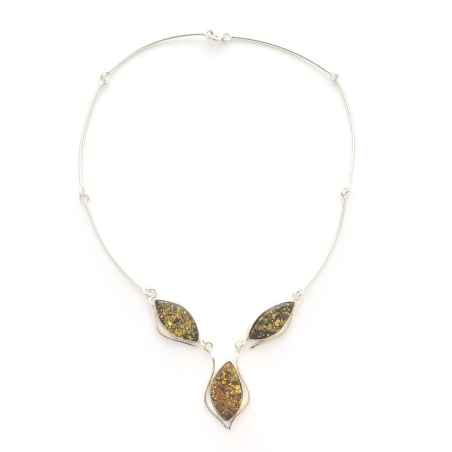 3-Stone Green Amber In Sterling Silver Necklace
