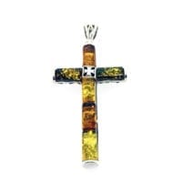 6-Stone Multi-Color Amber Set In Sterling Silver Cross Pendant