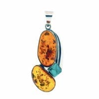 3-Stone Hand-Crafted Cognac Amber & Turquoise Set In Sterling Silver Pendant