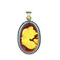 Hand-Crafted Natural Amber Cameo Set In Sterling Silver Pendant