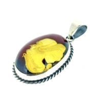 Hand-Crafted Natural Amber Cameo Set In Sterling Silver Pendant