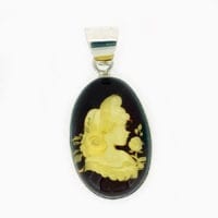 Hand-Crafted Natural Amber Cameo Set In Sterling Silver Pendant