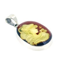 Hand-Crafted Natural Amber Cameo Set In Sterling Silver Pendant